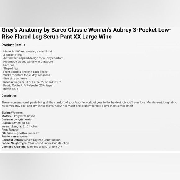 Grey's Anatomy by Barco Classic Women's Aubrey 3-Pocket Low-Rise Flared Leg 2XL - Picture 7 of 7